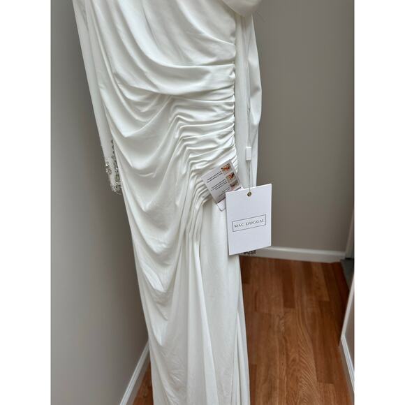NEW Mac Duggal 12231 White Beaded Cuff Drop Shoulder Faux Wrap Gown size 6 - Picture 5 of 11